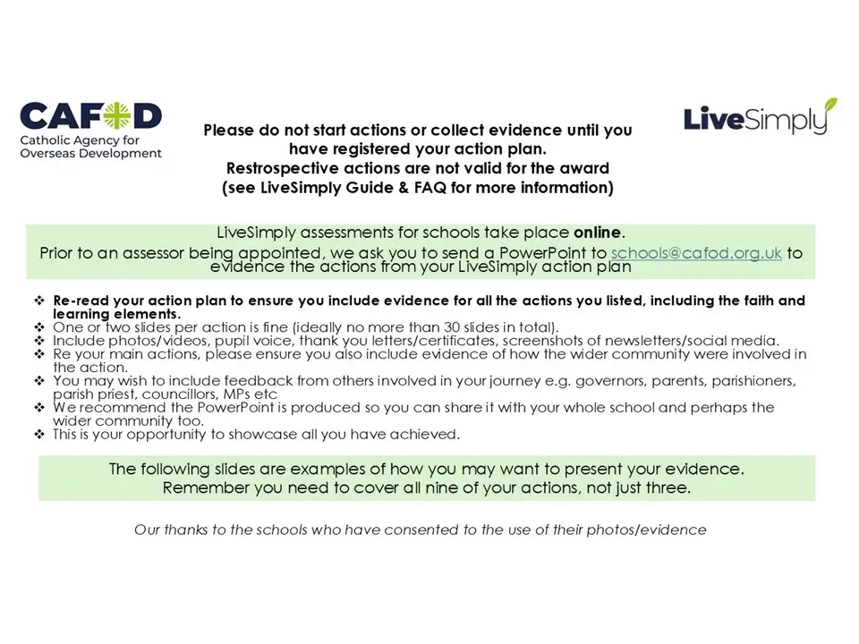 LiveSimply award for schools evidence